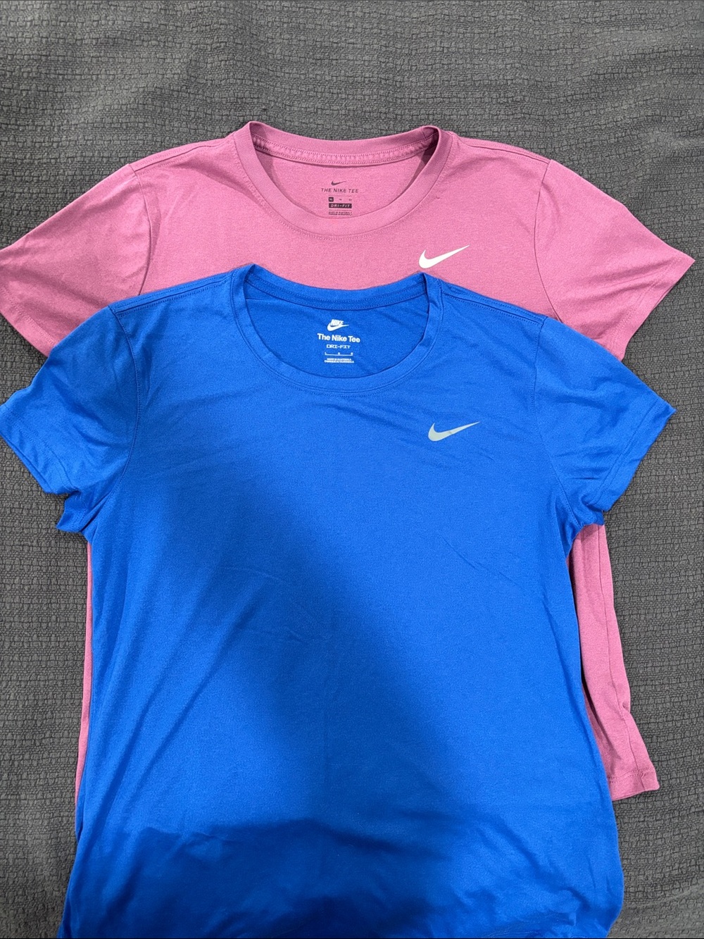 TWO Nike Women’s Dri-FIT Short Sleeve Tee — Royal Blue (L) and Mauve (XL)